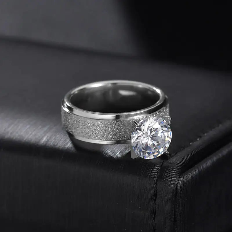 Simple Stainless Steel Ring with Round Zircon Ornament