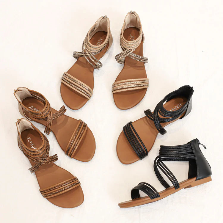 Flat Color Block Zipper Casual Roman Sandals