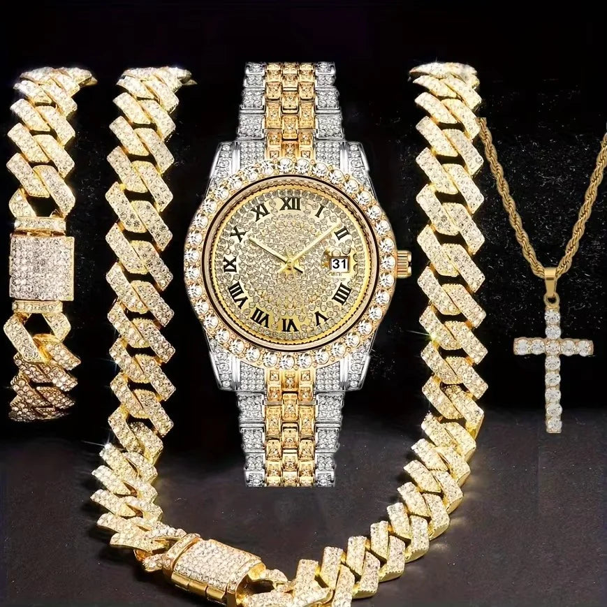 Hip Hop Jewelry Set – Bracelet, Necklace & Diamond Watch