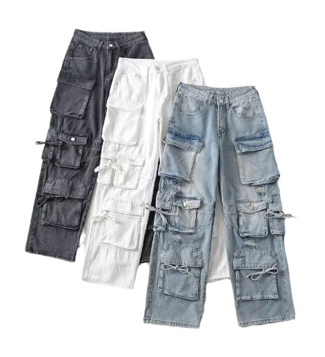 Cargo Jeans with Vintage Wash and Distressed Design (One Piece)