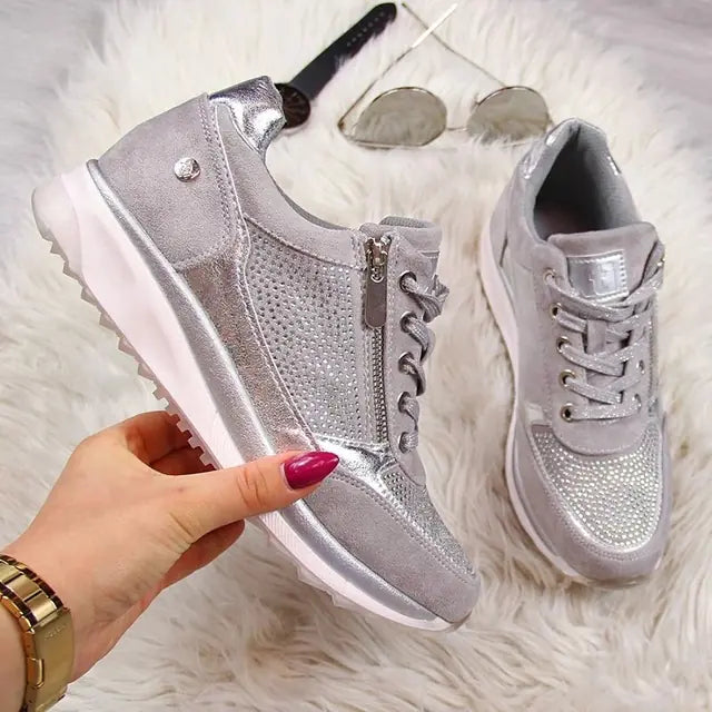 Women's Casual Lace-Up Gold Platform Sneakers