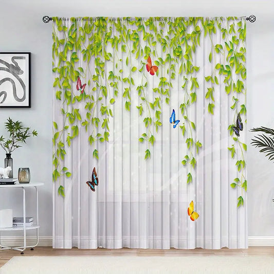 Butterfly Green Leaf Semi-Sheer Curtain with Rod Pocket