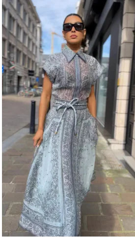 Maria Declerck Printed Two-Piece Set with Shirt and Skirt