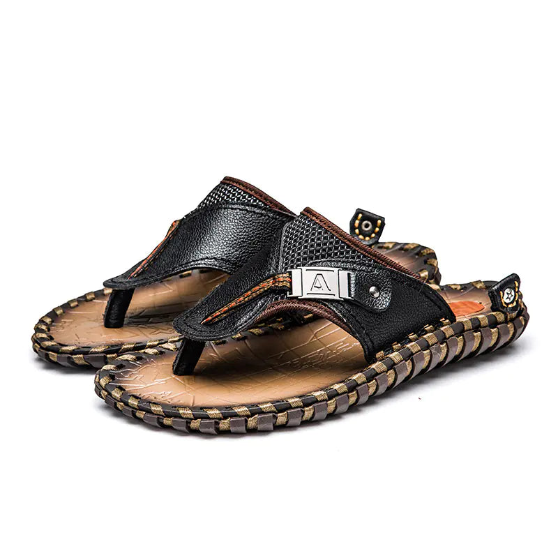 Handmade Cow Leather Men's Massage Beach Flip-Flops