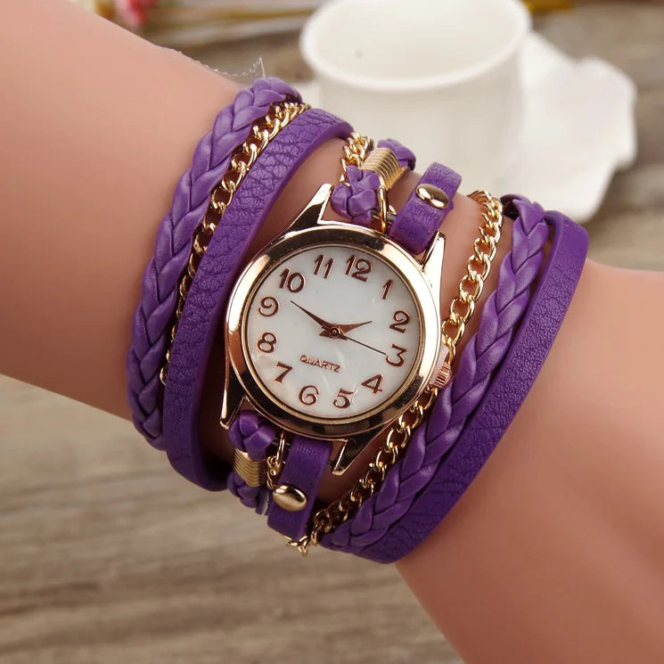 PU Leather Woven Bracelet Watch with Quartz Chain