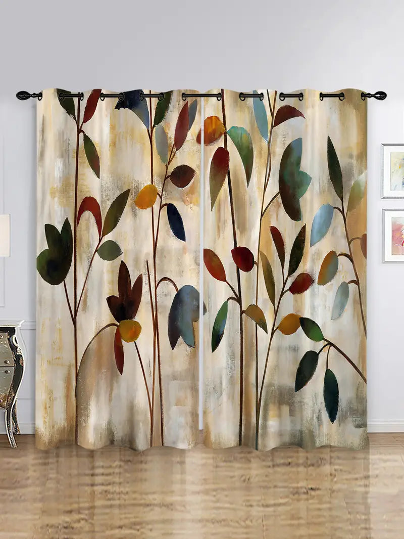 Artistic Curtains with Hand-Painted Leaves (Set of 2)