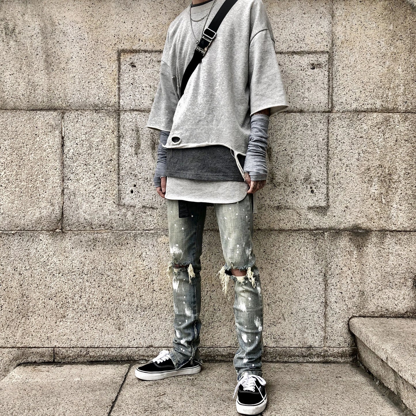 Men's Splash Paint Jeans with Distressed Wash Holes