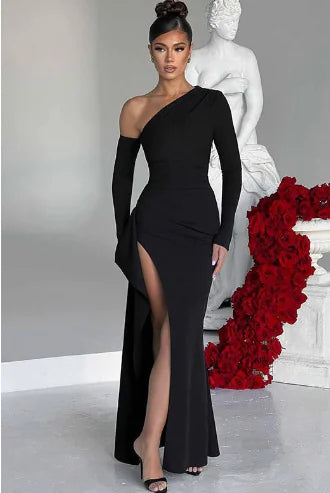 Knitted One-Shoulder Long Sleeve Split Dress for Women