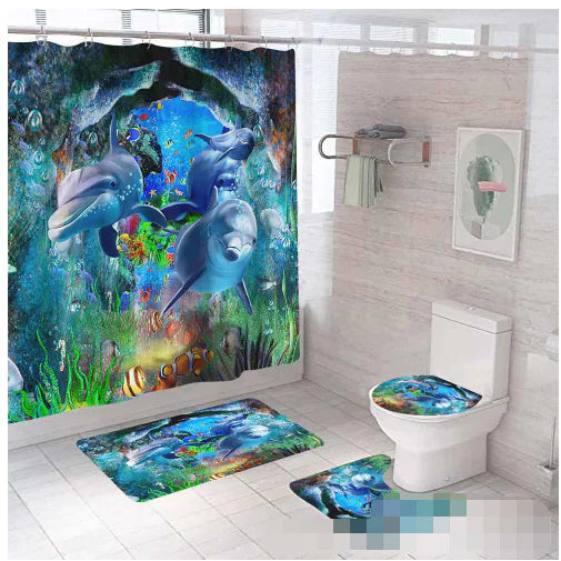 3D Ocean Underwater Shower Curtain & Bath Mat Set