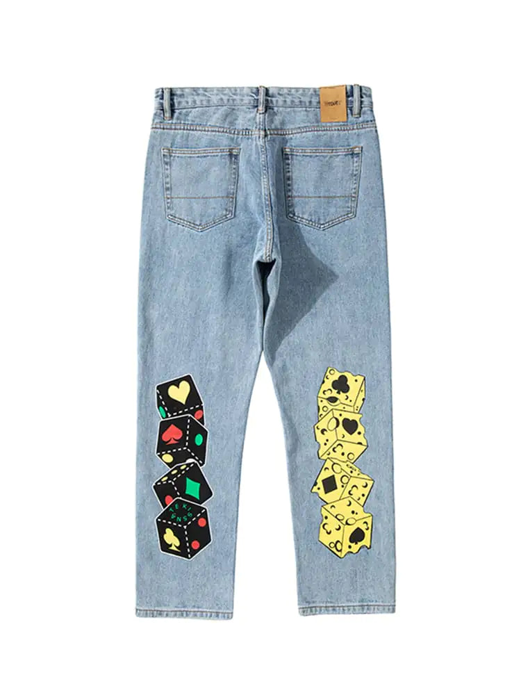 Loose Wide-Leg Jeans with Dice Cheese Print