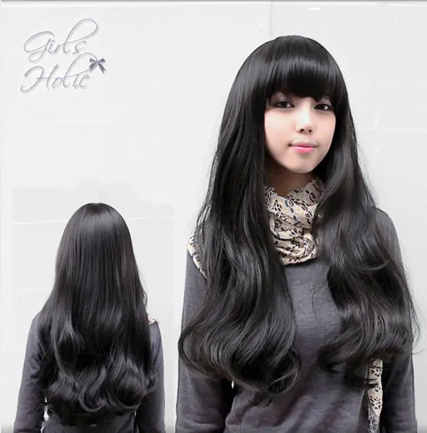 Korean Style Long Wavy Wig with Bangs - High-Temperature Fiber