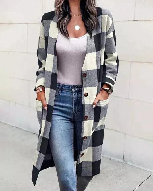 Women's Loose Plaid Woolen Coat with Button Pockets