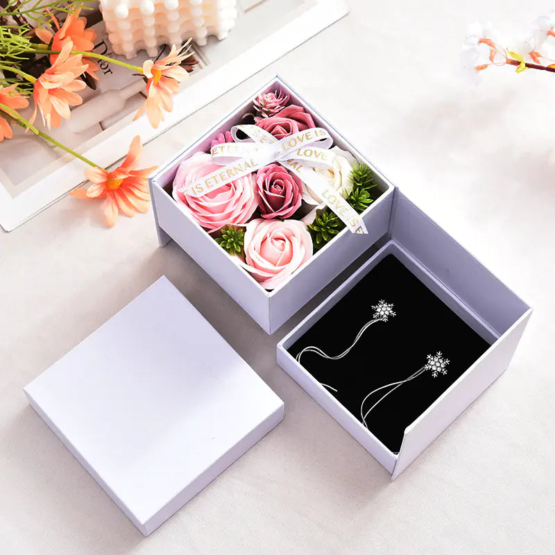 Rotating Double-layer Rose Jewelry Gift Box with Preserved Flowers