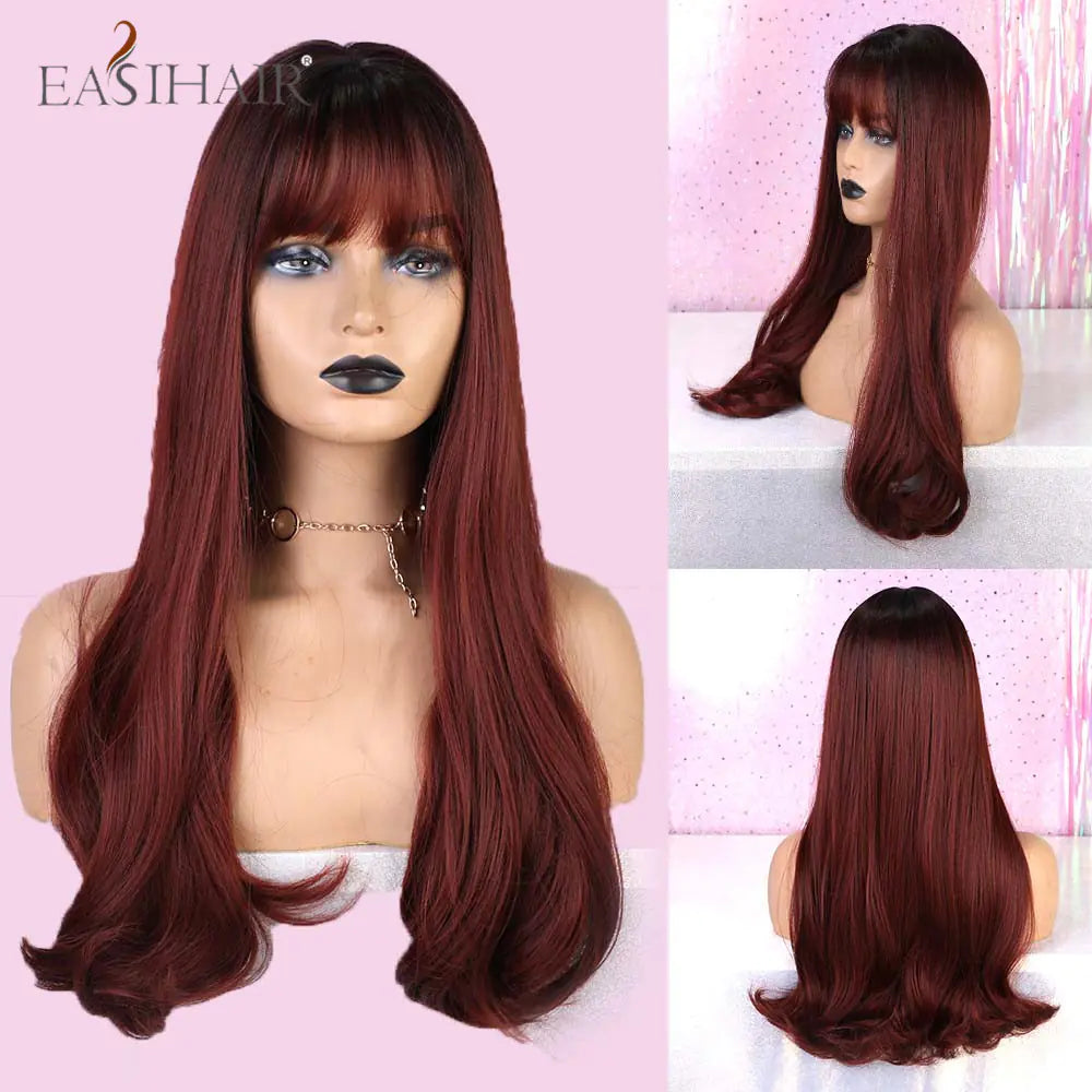 EASIHAIR Long Wine Red Bangs Gradient Fashion Wig