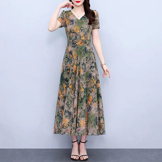 Plus Size Chiffon Floral Dress for Spring and Autumn