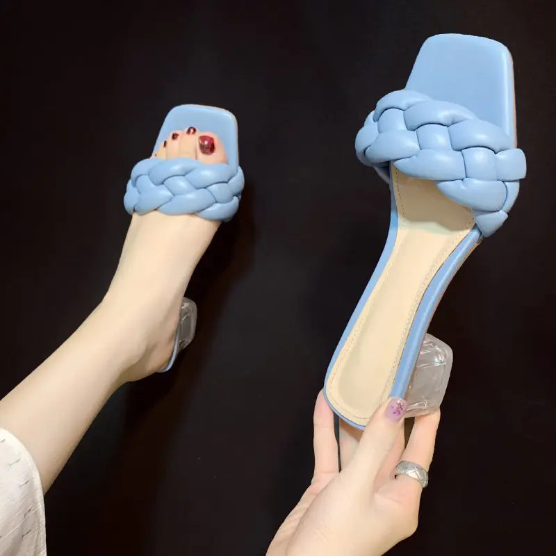 Women's Mid-Heel Woven Square Toe Slippers