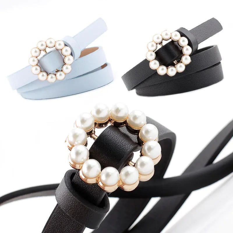 Faux Leather Pearl Belt with Decorative Buckle