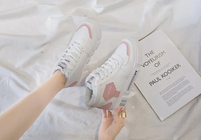 High-Top Plush Sports Shoes, White Sneakers
