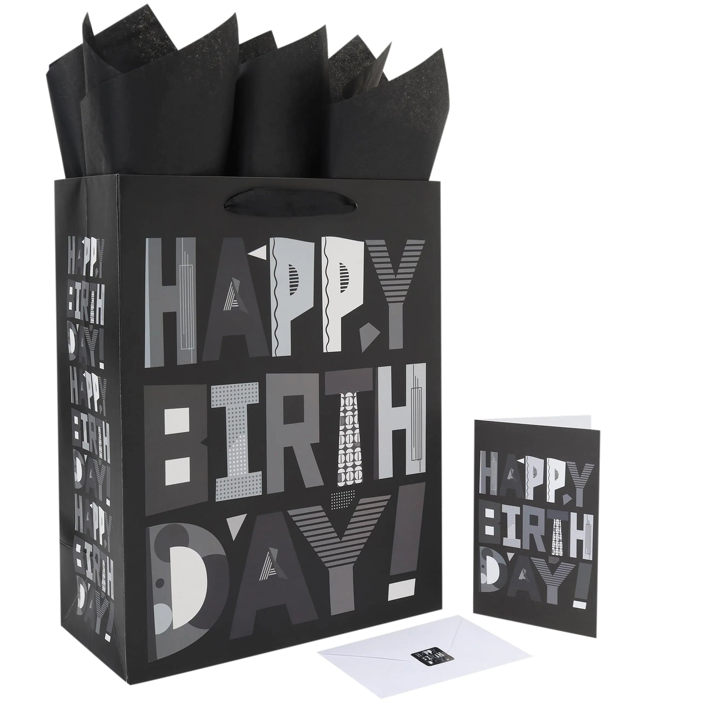 13” Large Black Happy Birthday Gift Bag Set with Handles Greeting Card Tissue Papers and Stickers for Women Men Girls Boys Kids Teens Cartoon Design 1 Pcs