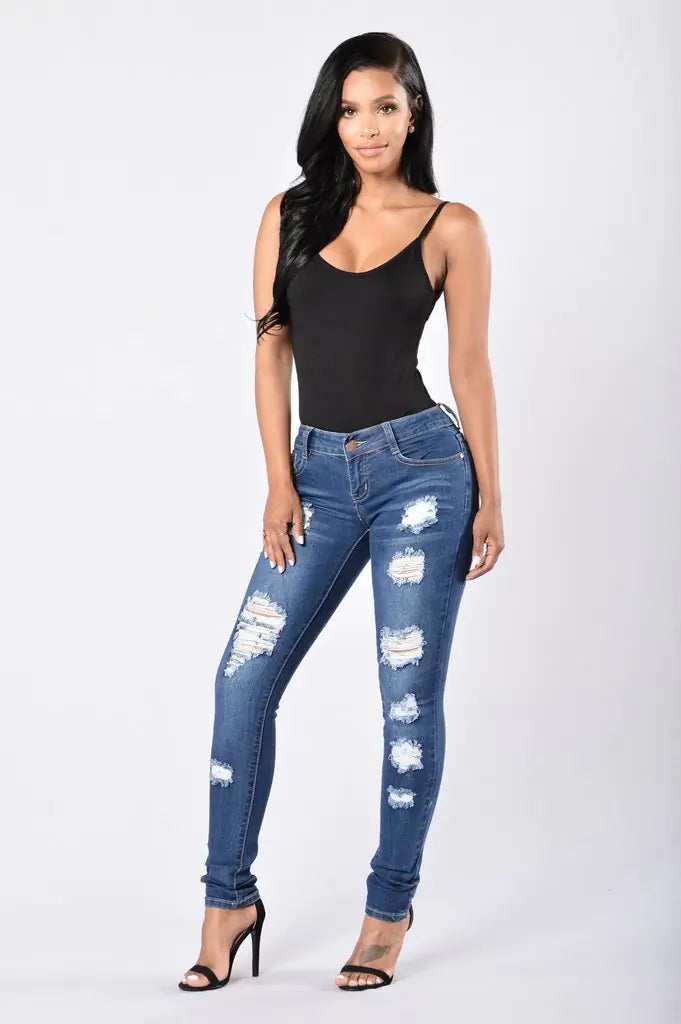 Women's Ripped Denim Trousers - Fashion Trend Pants