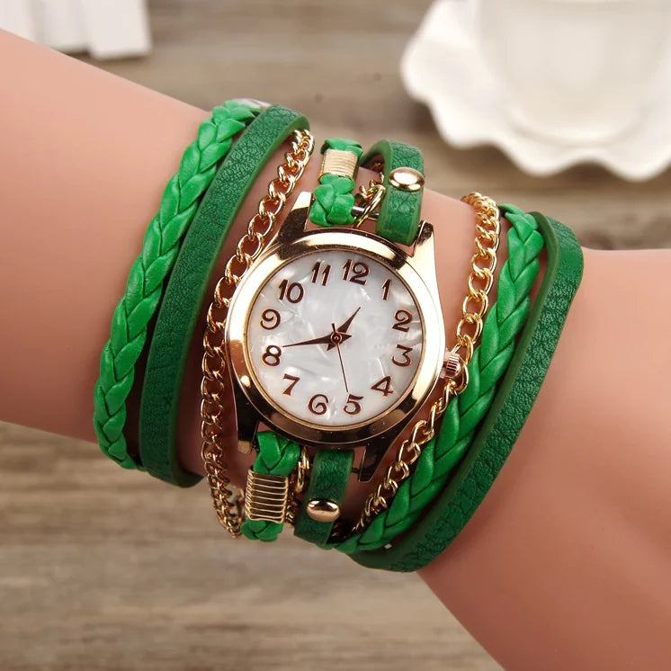 PU Leather Woven Bracelet Watch with Quartz Chain