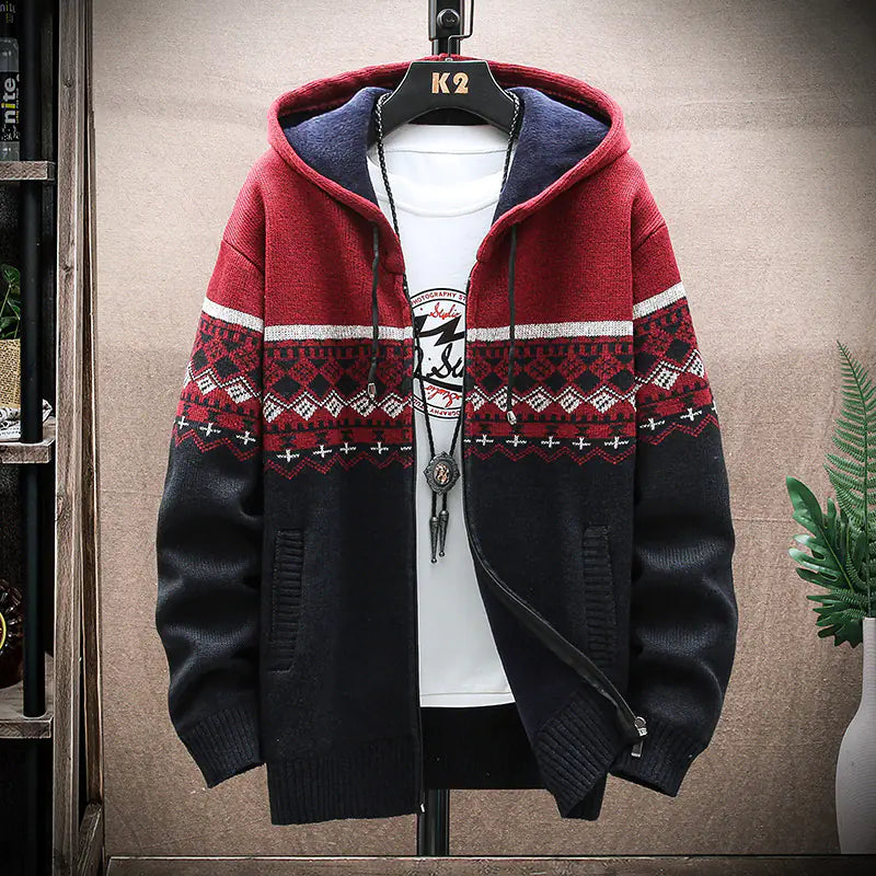 Men's Thick Knitted Fleece Hooded Cardigan Sweater