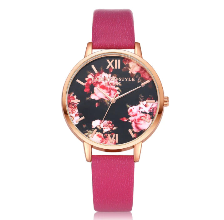 Fashion Floral Dial Watch for Women, PU Strap