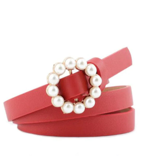 Faux Leather Pearl Belt with Decorative Buckle