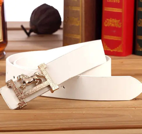 H Leather Belt with Gold Buckle for Men and Women