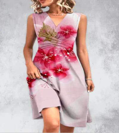 Floral Design V-Neck Sleeveless Midi Dress (One Piece)