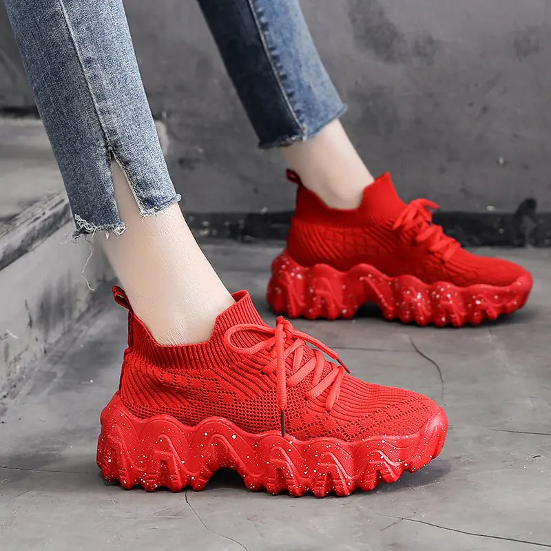 Red Women's Breathable Platform Sneakers (Casual & Stylish)