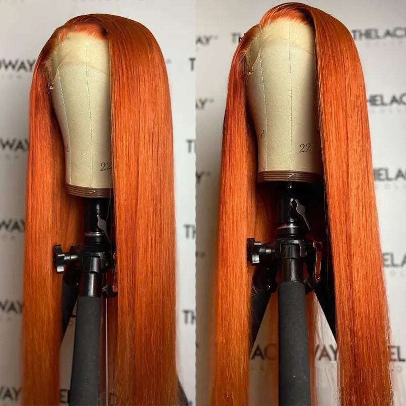 Split Orange Long Straight Chemical Fiber Lace Wig