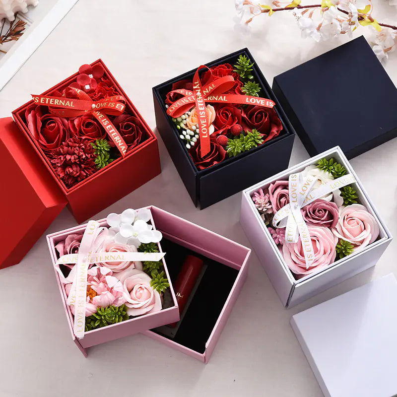 Rotating Double-layer Rose Jewelry Gift Box with Preserved Flowers