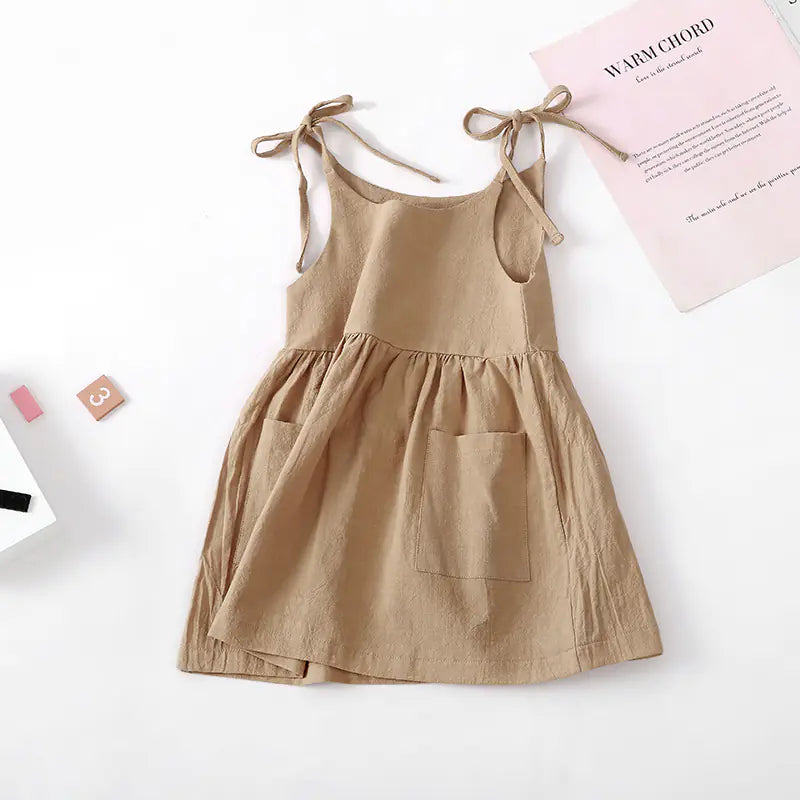 Girls Summer Solid Color Cotton Linen Sling Dress