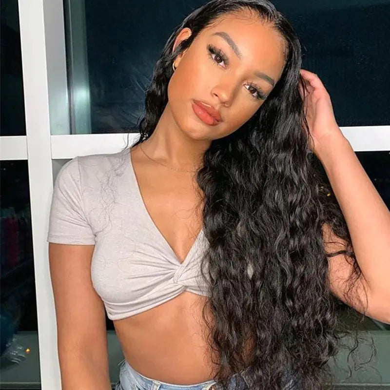 Black Long Curly Wig for Women with Middle Parting