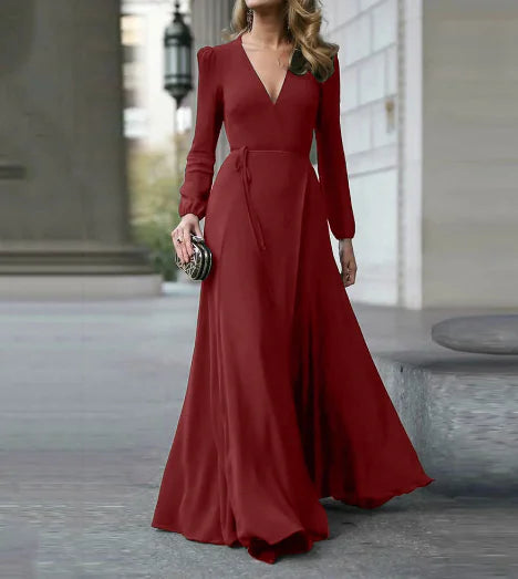 Solid Color Long Sleeve Maxi Dress with V-Neck (One Piece)