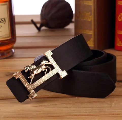 H Leather Belt with Gold Buckle for Men and Women