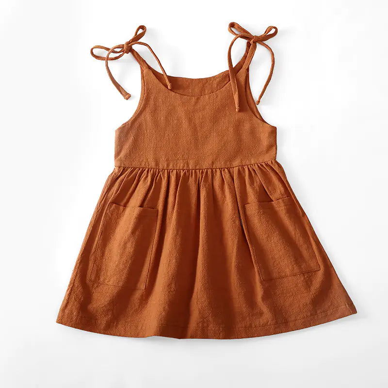 Girls Summer Solid Color Cotton Linen Sling Dress