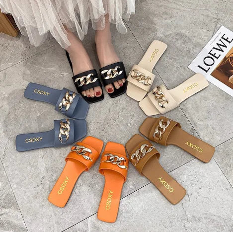 Flat Slippers with Black Metal Link Detail