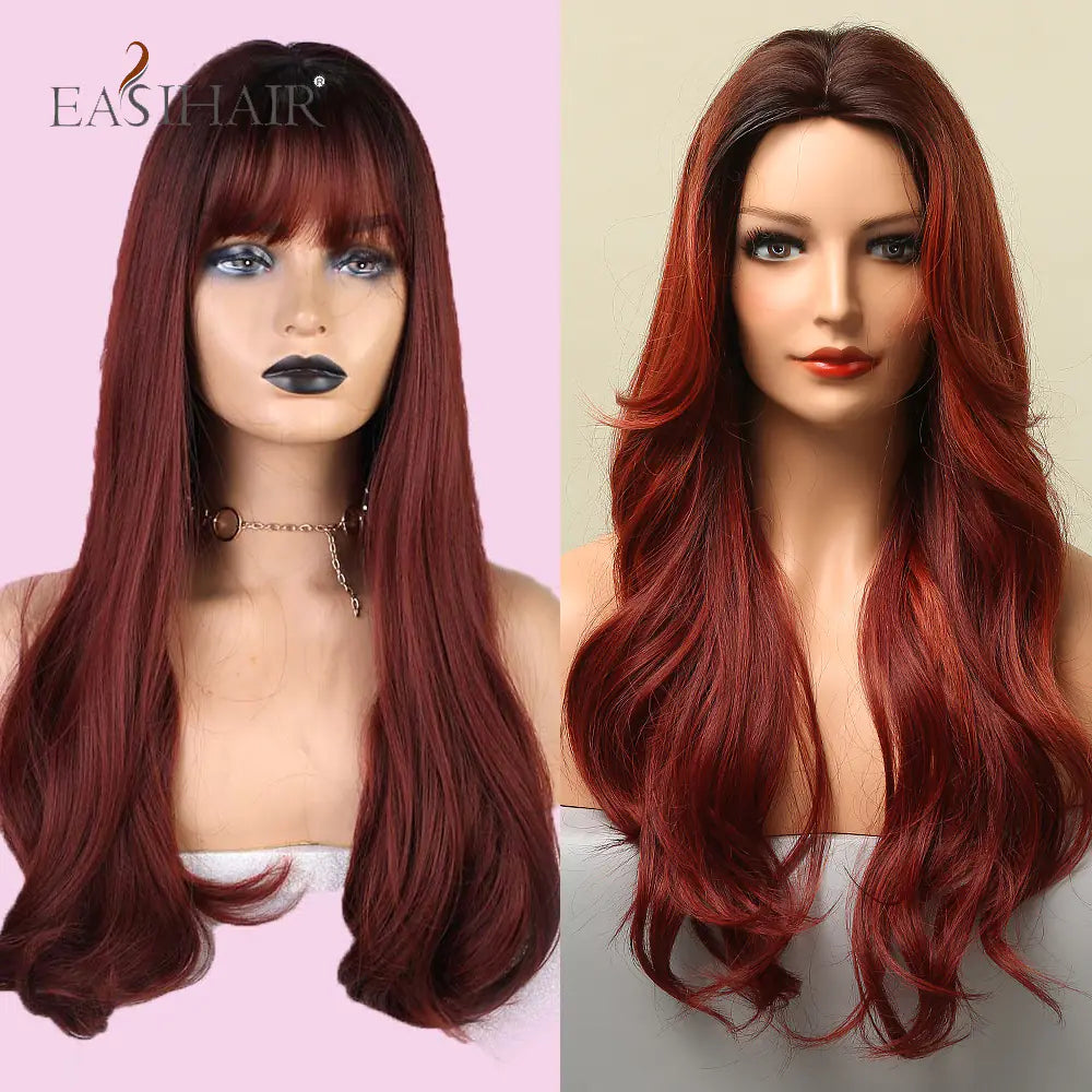 EASIHAIR Long Wine Red Bangs Gradient Fashion Wig