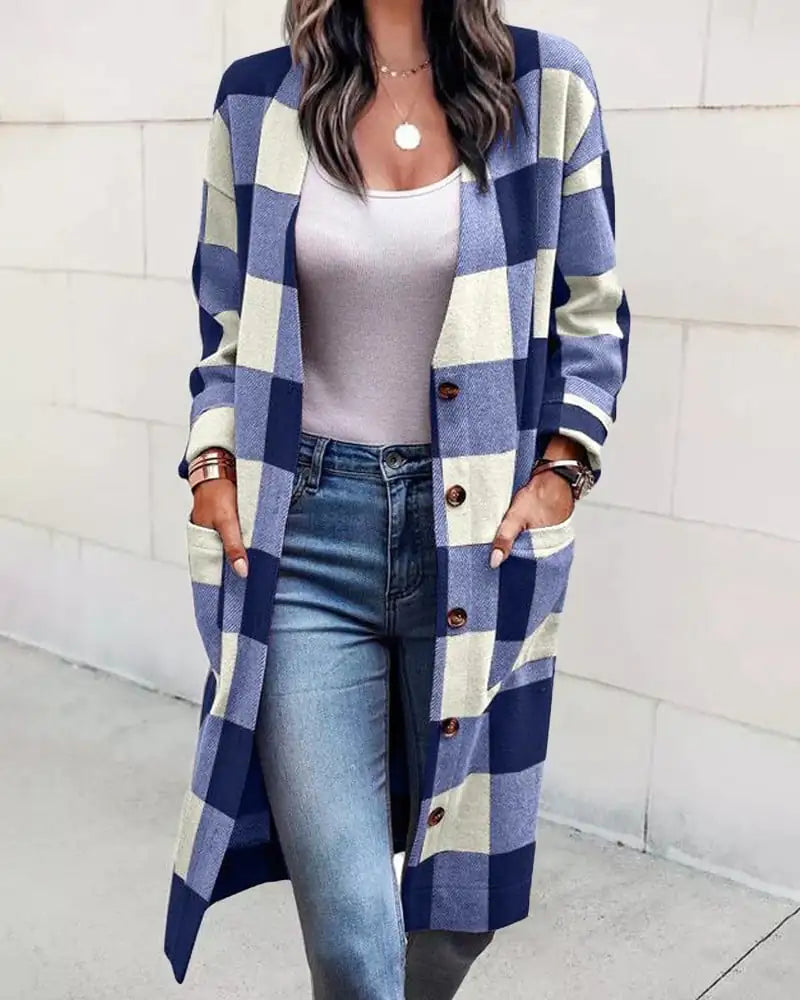 Women's Loose Plaid Woolen Coat with Button Pockets