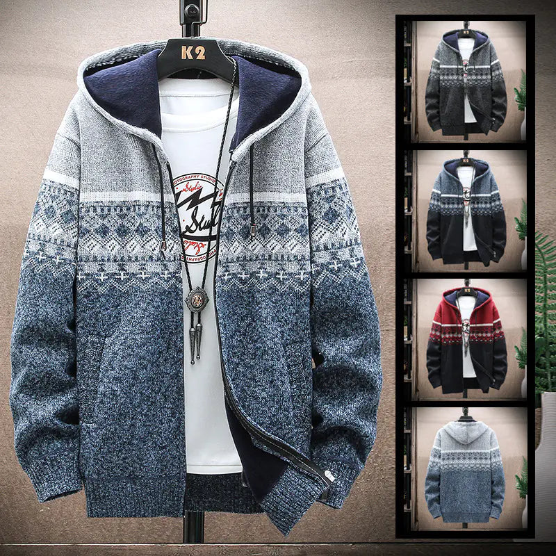 Men's Thick Knitted Fleece Hooded Cardigan Sweater
