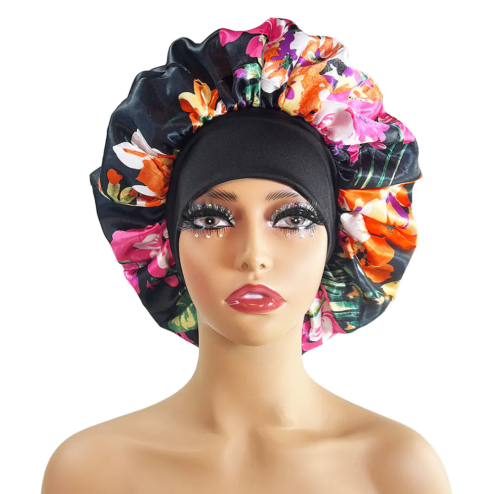 Wide-brimmed Satin Printed Nightcap Home Hat