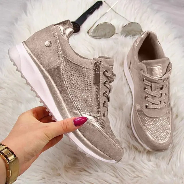 Women's Casual Lace-Up Gold Platform Sneakers