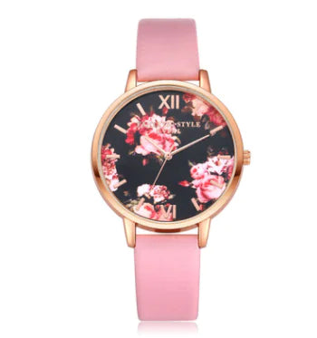 Fashion Floral Dial Watch for Women, PU Strap