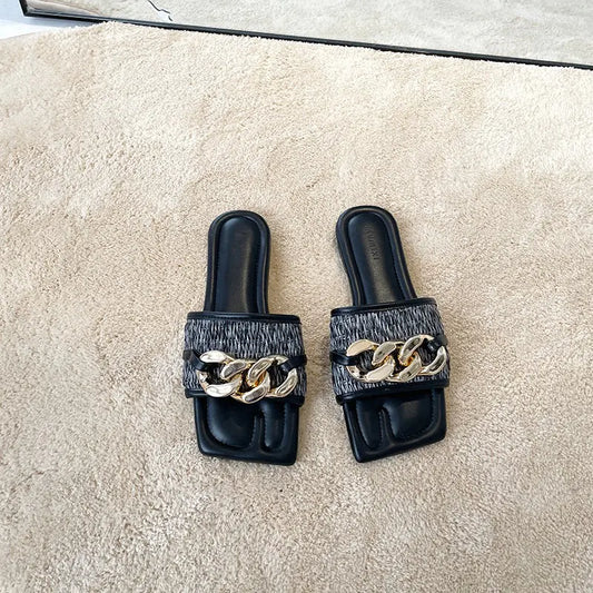 Flat Slippers with Black Metal Link Detail