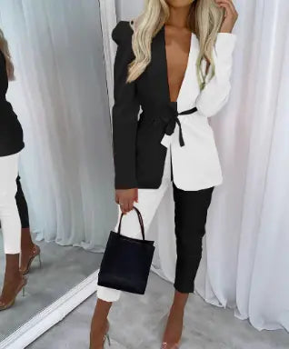 Women's Blazer and Pants Set with Color Contrast (One Set)