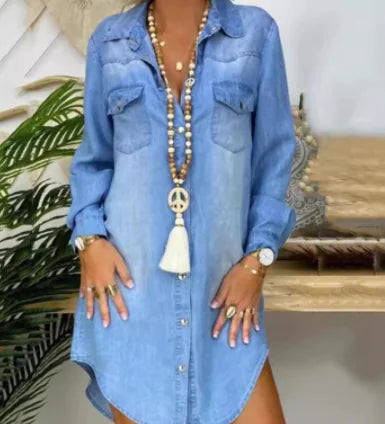 Denim Shirt Dress with Long Sleeves and Pockets (One Piece)
