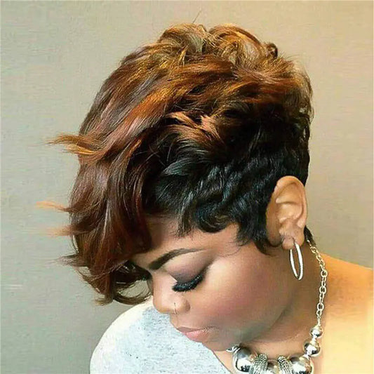 Short Black and Brown Curly Wig with Oblique Bangs