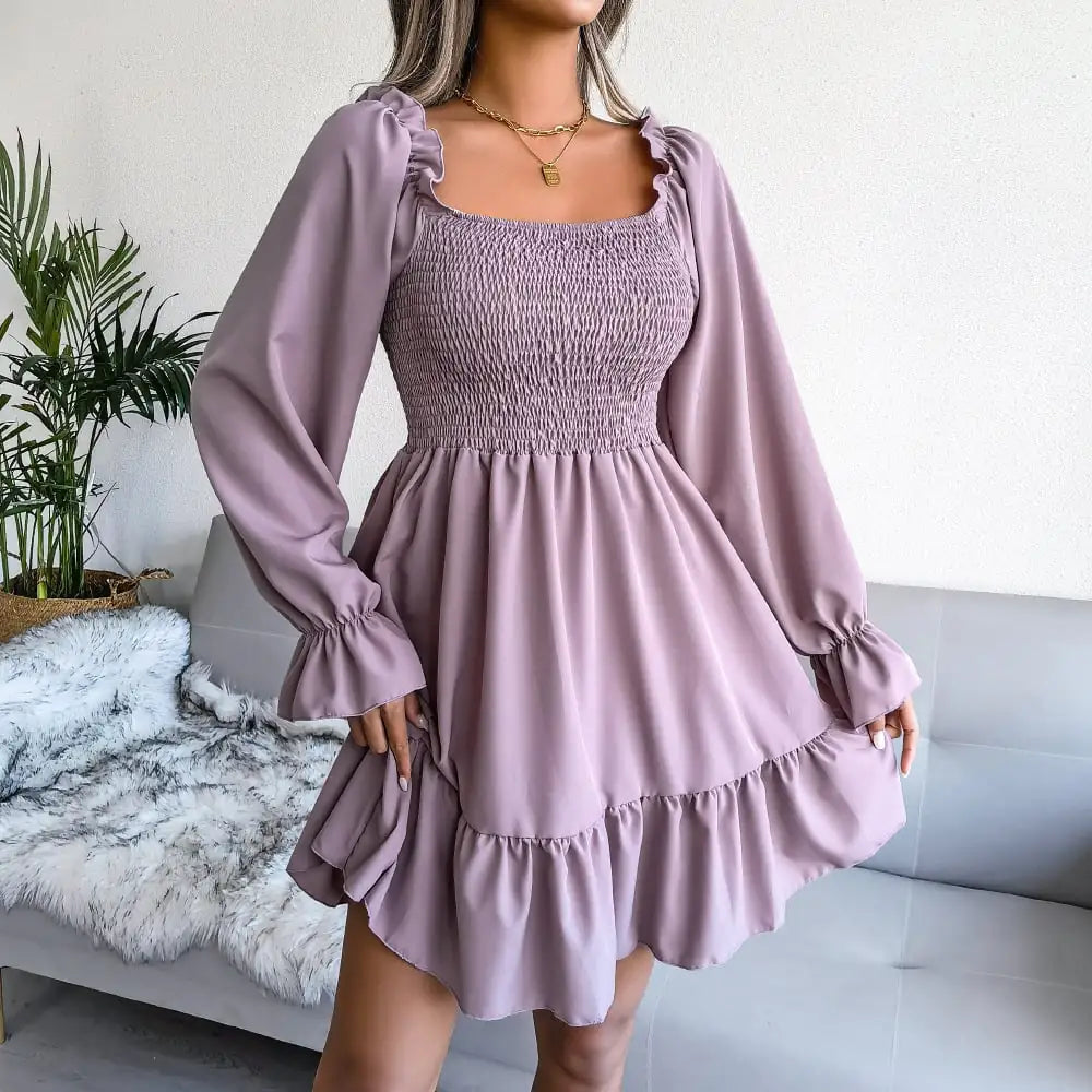 Square Neck Flared Long Sleeve Ruffle Dress